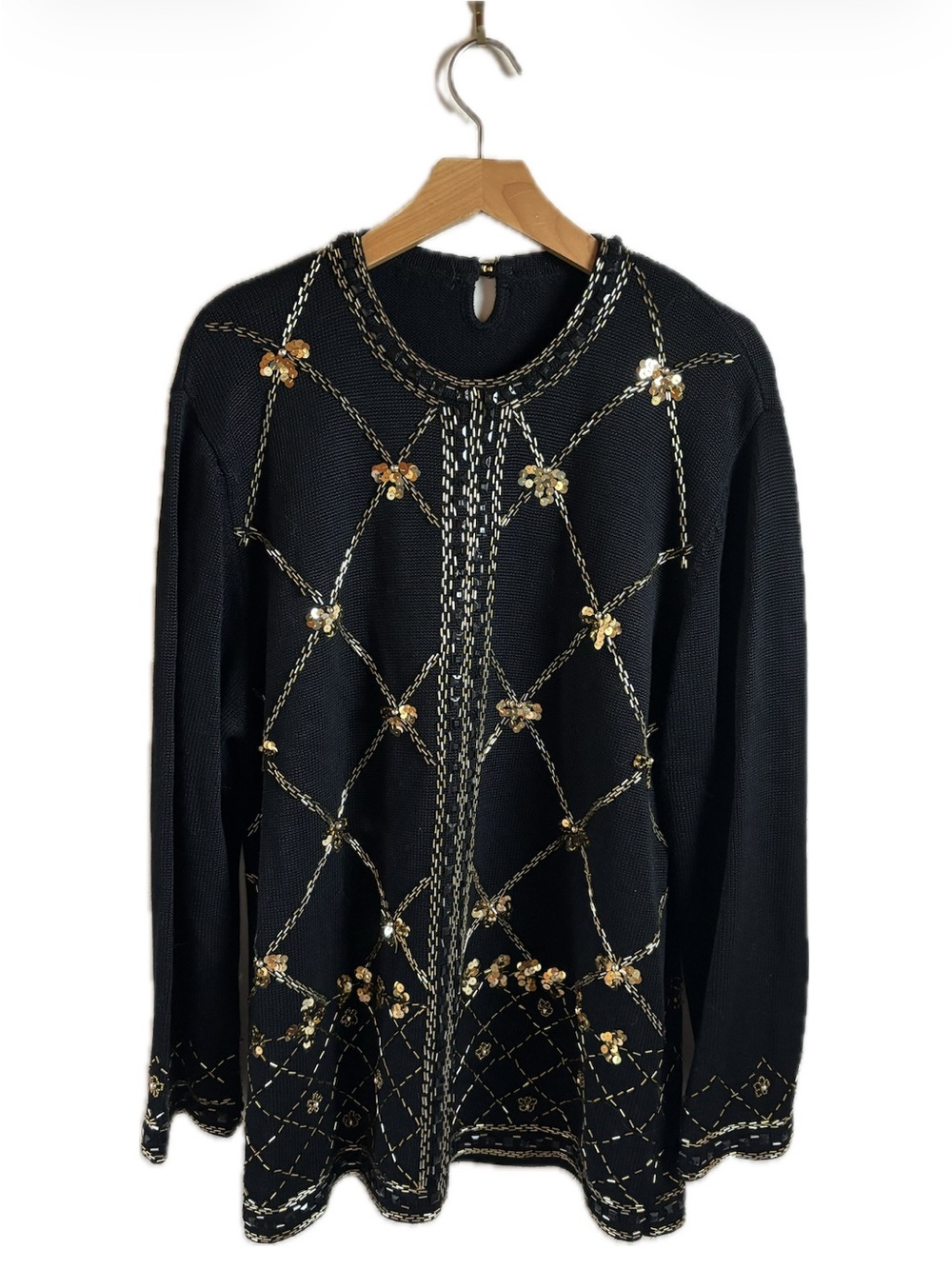 80s 90s Vintage Black Knit Sweater Gold Sequin Floral Diamond Lattice Beaded